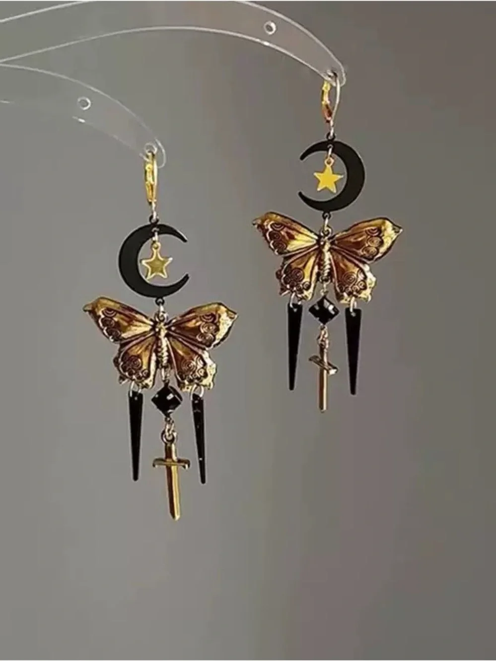 Anthropologie Gold and Black Butterfly Moon Dangle Earrings